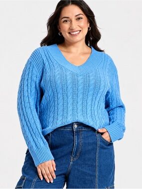 AVA & VIV Blue Cable Knit V-Neck Sweater- plus sizes available